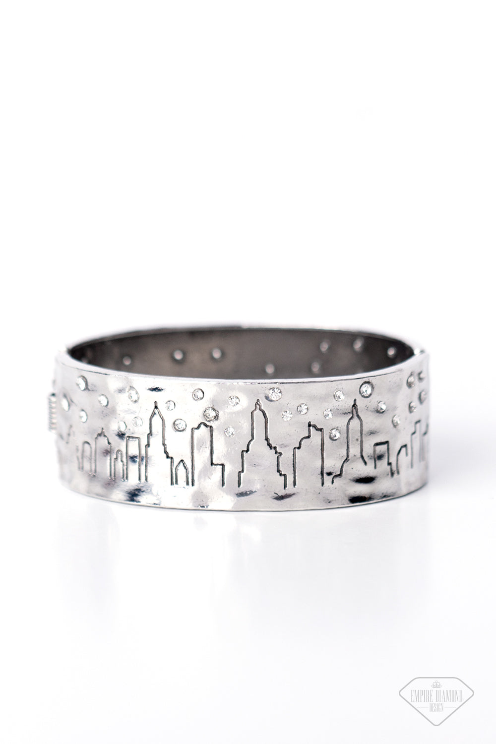STARRY SKYSCRAPERS - WHITE RHINESTONE CITY SKYLINE SILVER HINGED BRACELET - EMPIRE DIAMOND EXCLUSIVE - PAPARAZZI
