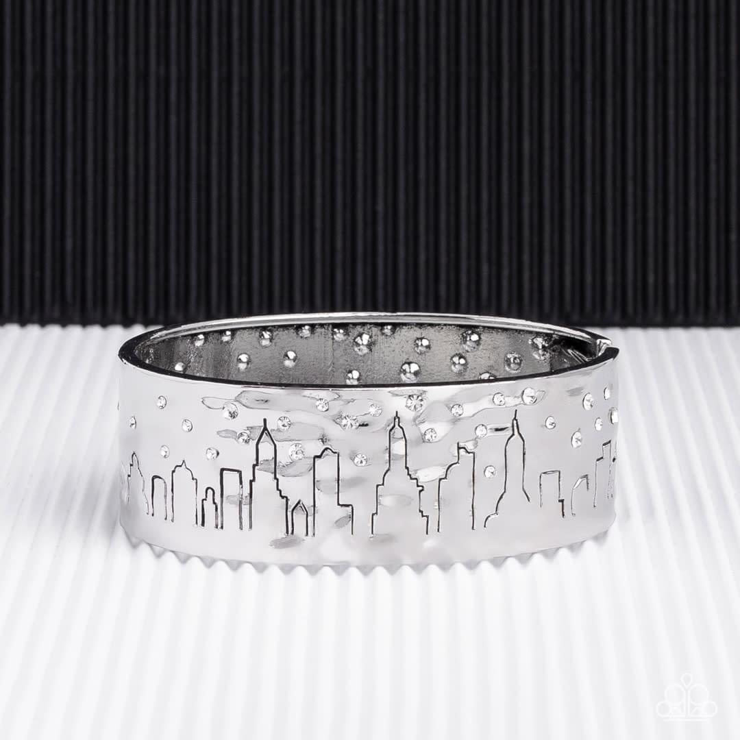 STARRY SKYSCRAPERS - WHITE RHINESTONE CITY SKYLINE SILVER HINGED BRACELET - EMPIRE DIAMOND EXCLUSIVE - PAPARAZZI