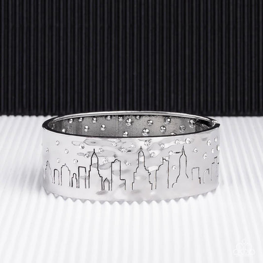 STARRY SKYSCRAPERS - WHITE RHINESTONE CITY SKYLINE SILVER HINGED BRACELET - EMPIRE DIAMOND EXCLUSIVE - PAPARAZZI